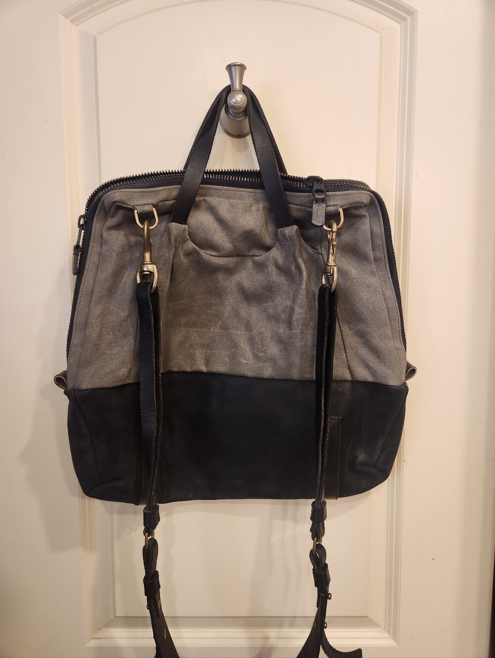 Hoibo Men's Or Women Gray and Black Waxed  Canvas & Leather Cross Body